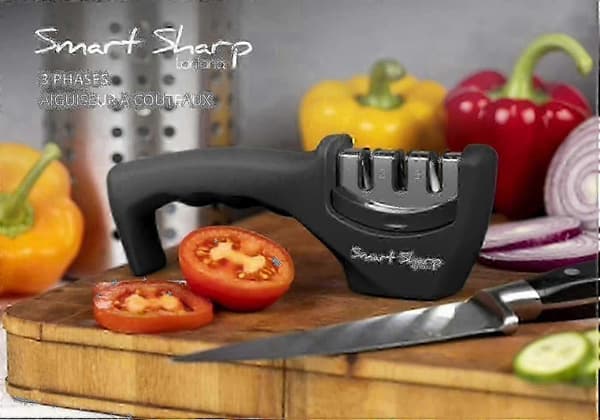 Smart Sharp 3-trins sliber - Til køkkenknive - Professionelt resultat/ergonomisk design - Keramisk sten/wolframkarbid/diamant - Sort/krom - L