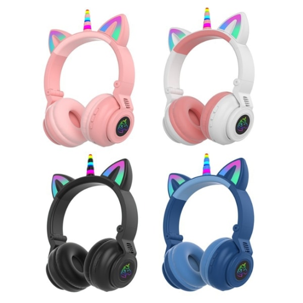 Söpö sarjakuva kissan korvat kiiltävät langattomat subwoofer Unicorn kuulokkeet Bluetooth -kuulokkeet (vaaleanpunainen valkoinen)