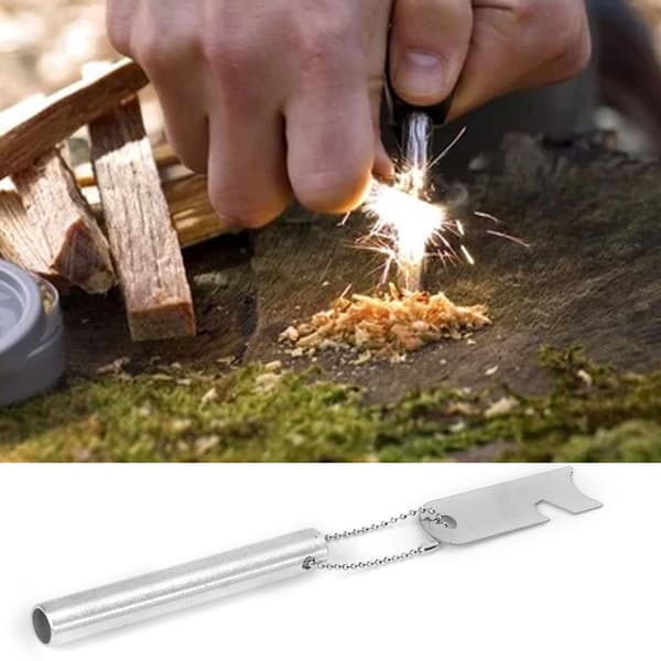 Eldstartkit i rostfritt stål för camping med skrapa