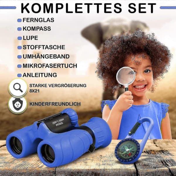 Seikkailukiikarit lapsille 8x21 suurennuksella ja kantolaukulla Blue