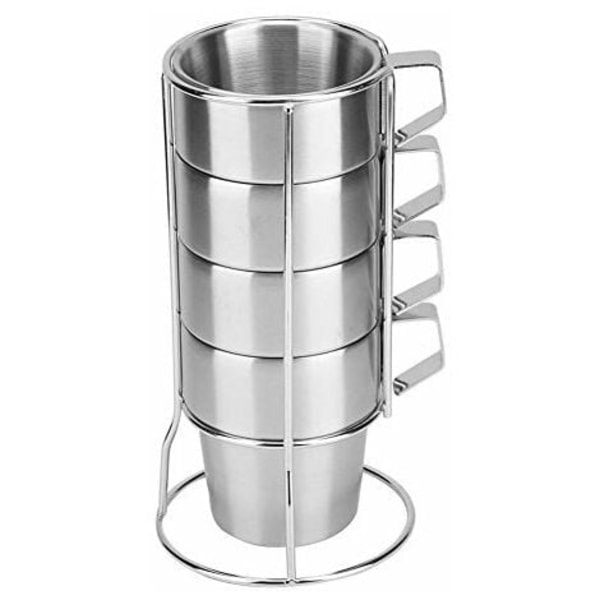 Sett med 4 stablebare og slitesterke kaffekopper i rustfritt stål med holdere for hjemme- eller kafébruk