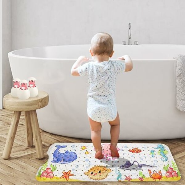 Skridsikker bademåtte 100x40 cm, skridsikker bademåtte med 200 sugekopper PVC-materiale, brusemåtte med tegneserie havdyr