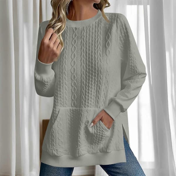 Dame Oversized Sweatshirt Afslappet Langærmet Rund Hals Tekstureret Løs Pullover Efterårsskjorte med Lommer Grå XL Gray XL