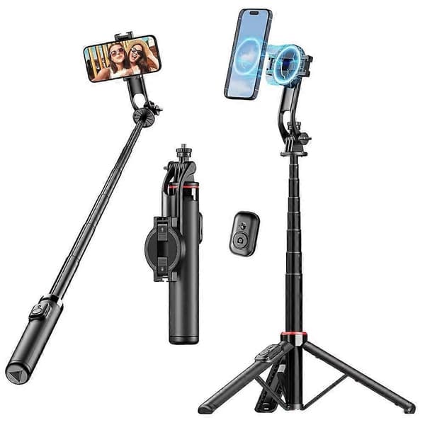 Magnetisk Selfie Stick Stativ til iPhone, 51 tommer Telefon Stativ Rejsestativ til iPhone Android Telefoner Black