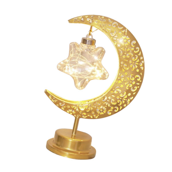 HT bordlampe månelampe med jernåpent mønster, LED hengende måneform dekorativt nattlys stjerne Moon and Stars