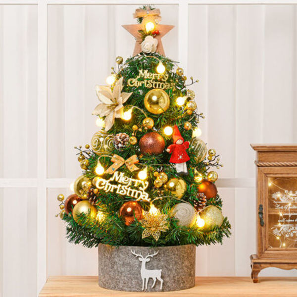 45 cm liten konstgjord julgran, liten julgran med LED-lampor, för helgdagar, julfester, guld