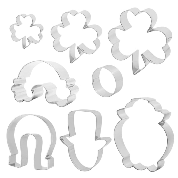 Sæt med 8 St. Patrick's Day Irish Four Leaf Clover Rainbow Horseshoe Cookie Cutters Rustfrit stål,
