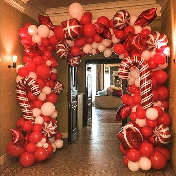 144 stk juleballongkransbuesett med julerøde hvite godteriballonger Gaveeske ballonger Røde stjerneballonger fo
