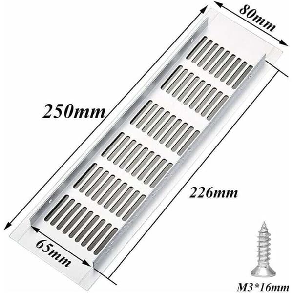 Set med 2 rektangulära ventilationsgaller i aluminium, 80 x 250 mm. Skruvmontering. För kontor och kök. Optimerad luftcirkulation.