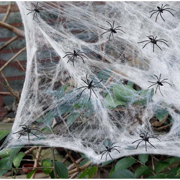 Strekkedderkoppnett Halloween utendørs spøkelsesedderkopp Ferieskrekkdekorasjon bomullsedderkopp (300 g hvit + 60 edderkopper)
