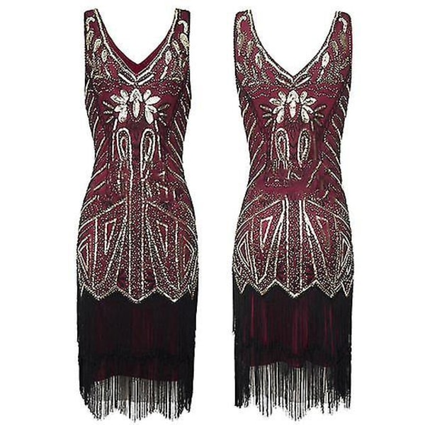 1920'erne Vintage Kvinder Kjole Paillet Beaded Tassels Festkjole L Red