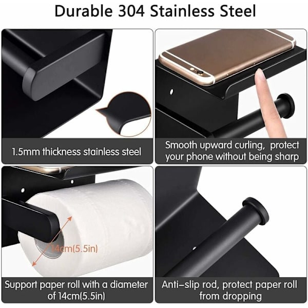 No Punching Hylle Matt Svart Toalettpapir Holder Mobiltelefon Holder Baderom Multi-Function Stand,