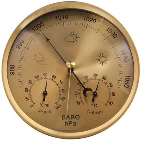 Analog værstasjon 3 i 1 rustfritt stål Ø132 mm - Barometer, termometer, hygrometer, gull