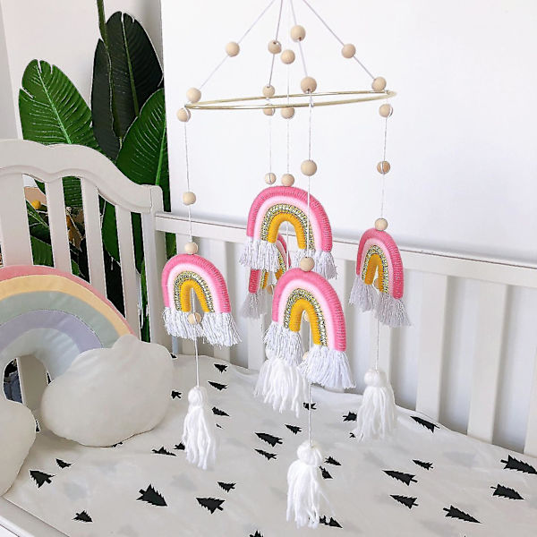 Baby Crib Mobiles regnbueteppet med håndlagde vevde dusker style 3