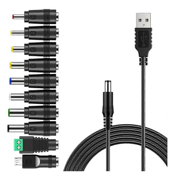 USB til DC strømkabel Universal USB til DC Jack opladerkabel strømkabel med 10 udskiftelige stikadaptere Svart
