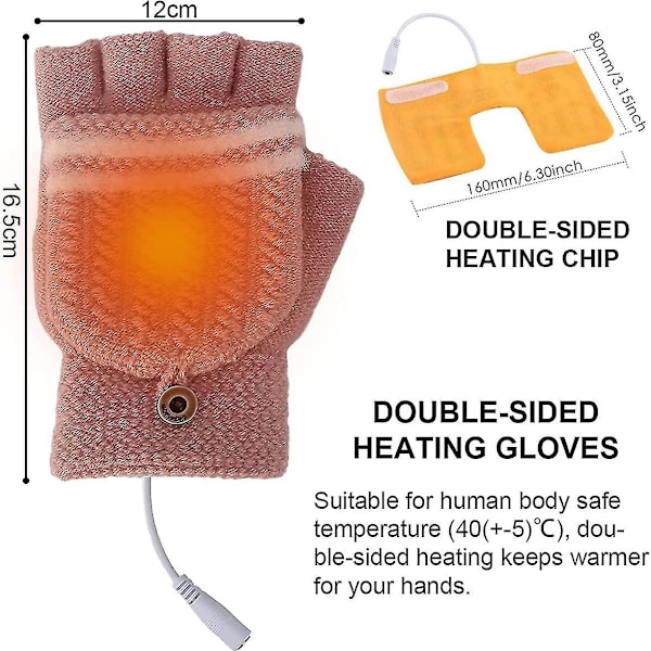 USB uppvärmda handskar för kvinnor, vante Vintervarma laptophandskar, hel- och halvhänder Uppvärmda Fingerlös Uppvärmning Stickning Handskar Varmare Tvättbar Design