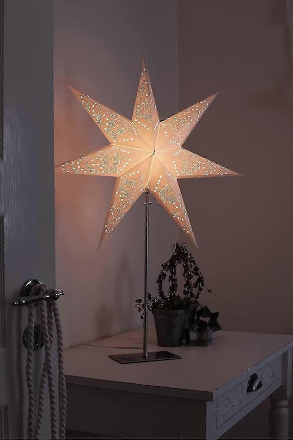 [HT]Stjernegulvlampe, metall/papir, ca. 45 x 35 cm, firefarget papp
