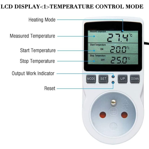 Temperaturkontrol Stikkontakt Temperaturkontakt Nedtællingskontakt 230V Socket LCD Temperaturregulator Timer til Akvarium Inkubator Drivhus,