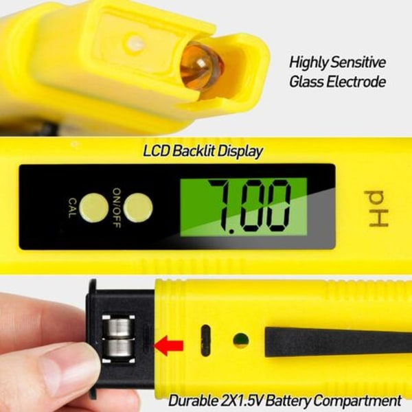 Digital PH-måler, digital LCD-vannkvalitetstester, måleområde for 0-14 Ph, 0,01 Ph-nøyaktighet, for drikkevann, A