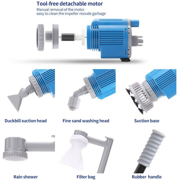 Elektrisk akvariesuger, akvariestøvsuger med akvariealger/snavsrensningsfunktion, vandskiftepumpe, vand