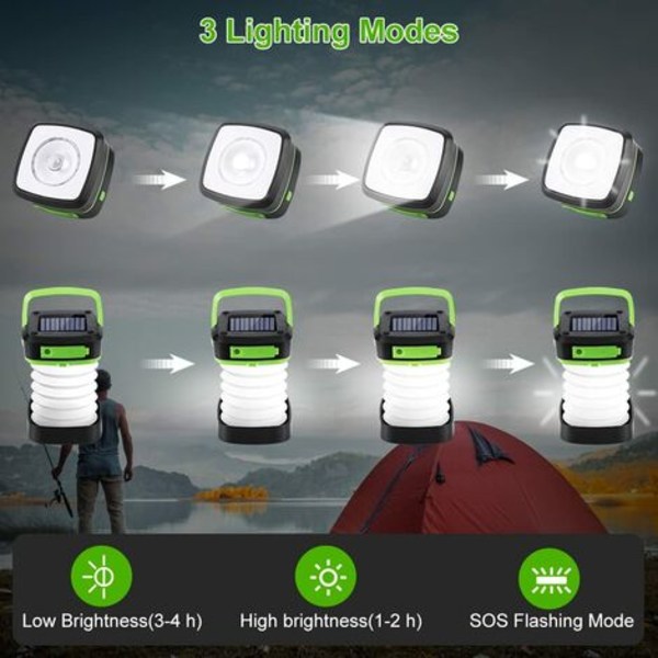 Campinglykt, solcelledrevet og USB oppladbar LED-campinglykt Bærbar sammenleggbar lykt 3 moduser Campinglampe med