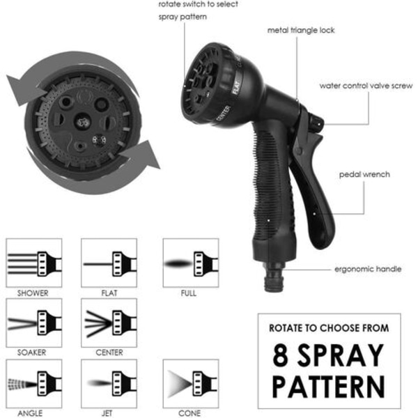 Trädgårdsslang Flexibel slang Vattenslang 8 Funktion Expanderbar flexibel elastisk slang för trädgårdsbevattning och rengöring Blac
