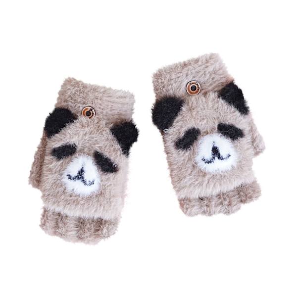 Tecknad Panda Handskar Barn Vinter Varm Stickade Vantar Söta Mönster Vantar Plus Velvet Flip Fingerless Multifunktionshandskar A