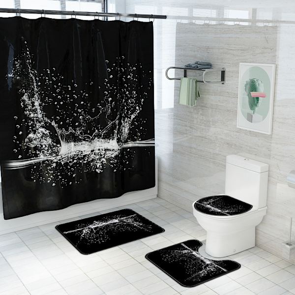 Vanddråbe bølgetryk toiletgulvmåtte firedelt polyester badeforhæng med krog, SD6,