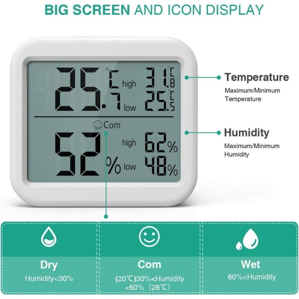 Stor skærm med hukommelse til daglig temperatur og luftfugtighed i hjemmet,