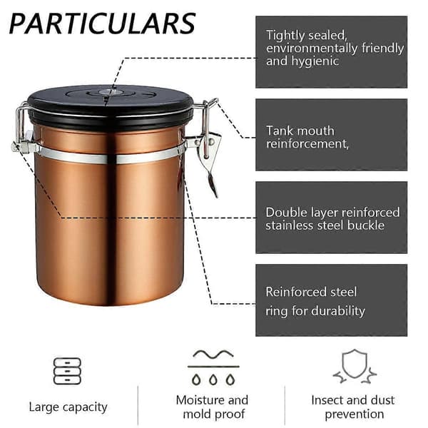 1.5L Bronze Rustfrit Stål Lufttæt Kaffebeholder med Datomarkering til Kaffe, Vakuumforseglet Lufttæt Beholder, Kaffekrukke 1500ML, Co style7283