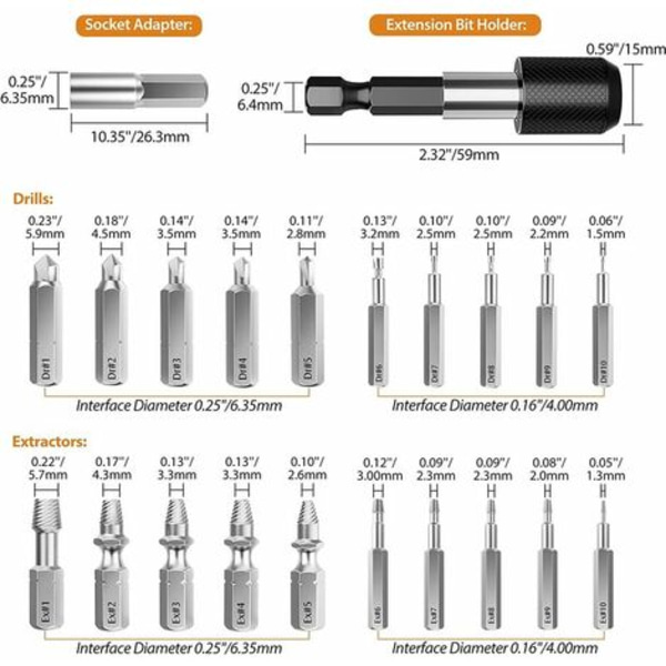 Broken Screw Extractor Kit, 22 STS HSS 4341 Uppgraderade extraktionsverktyg i legerat stål med borr 2 magnetiska förlängningar B