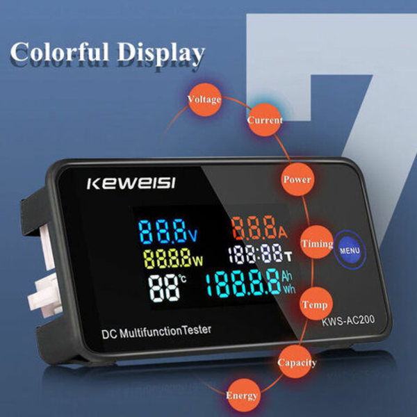 0-200V 100A DC Digital Display Spenning og Strøm Måler Fargeskjerm Strøm Temperatur Tester Timer