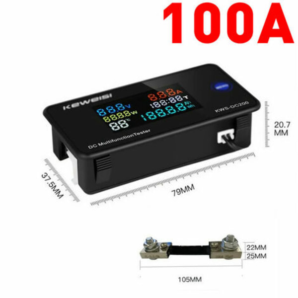 0-200V 100A DC Digital Display Spenning og Strøm Måler Fargeskjerm Strøm Temperatur Tester Timer