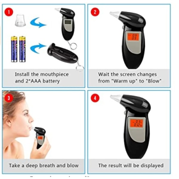 Alkometri Alkometri, ammattikäyttöön käytettävä hengityssuojain LED-digitaalinäytöllä (10 suukappaletta + 2 paristoa)
