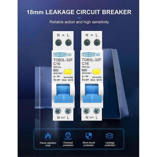 2X TOMZN 18MM 230V RCBO 1P+N 6KA Fejlstrømsafbryder, 20A White