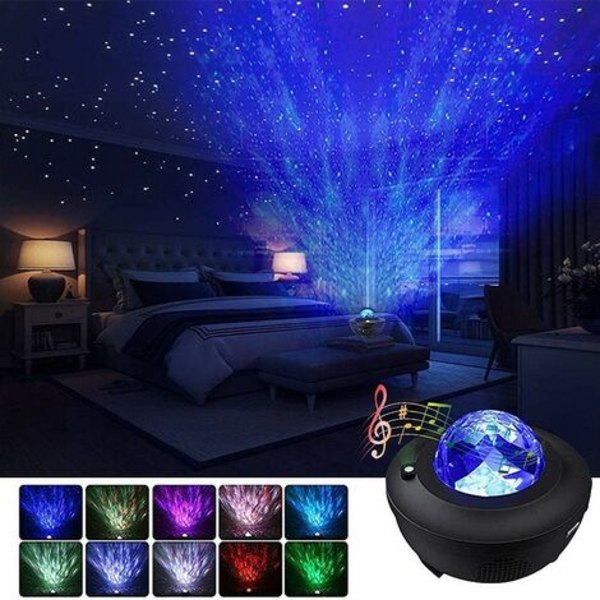 Stjerneprojeksjon Lys Vannmønster Laser Stemningslys Musikk Bluetooth USB Stjerneklar soverom Nattlampe, svart