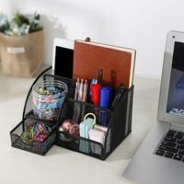 Multifunktionell organizer Pennhållare med skjutbar mesh Brevpapper Förvaringslåda för hem, skola, kontor Svart