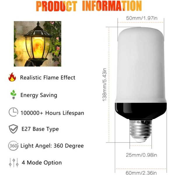 Kreativ LED-flamlampa med svart bakgrundssimuleringsflamma (E27 gult ljus 2st)，för vardagsrum, sovrum, b