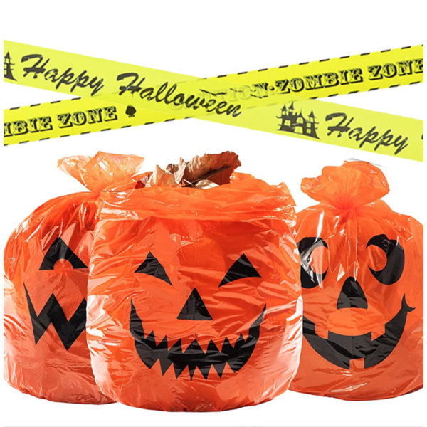 4 Halloween ulkopihan roskapussin set (kaksi suurta roskapussia ja kaksi teippivaroituspussia),
