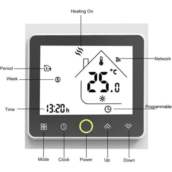 WiFi-termostat för gas-/vattenpanna, LCD-skärm (TN-skärm) Smart termostat, programmerbar bakgrundsbelyst pekknapp med A