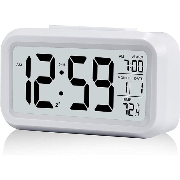 Vit digital väckarklocka, tyst batteridriven bakgrundsbelysning, stor LED-display temperaturkalender
