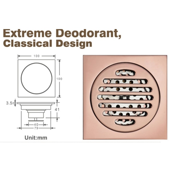 Gulvafløb Rose Gold Deodorant Usynligt gulvafløb (firkantet rundt 10*10 cm),
