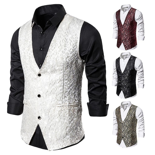 Herre enkeltradet vest Slim Fit formelt jakkesæt print vest L White