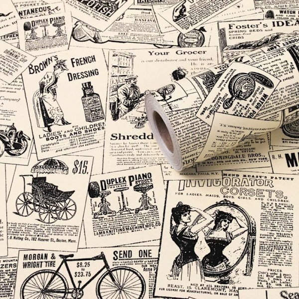 Kuori ja kiinnitä irrotettava tapetti Vintage sanomalehtipaperi itseliimautuva koristeellinen tapetti hyllylaatikon vuorausrulla 17.7 Inc