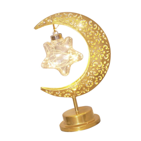 HT bordlampe månelampe med jernåpent mønster, LED hengende måneform dekorativt nattlys stjerne Moon and Stars