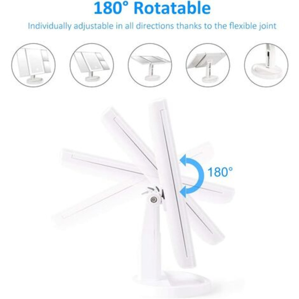 Sminkspegel med LED-ljus och pekskärm, 1X/2X/3X förstoring, 180° justerbar rotation, bänkspegelsbatte