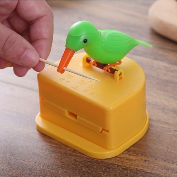 Grön fågel gul botten automatisk pop-up fågel tandpetare burk smart fågel peck tandpetare box typ tryck smart tandpetare burk