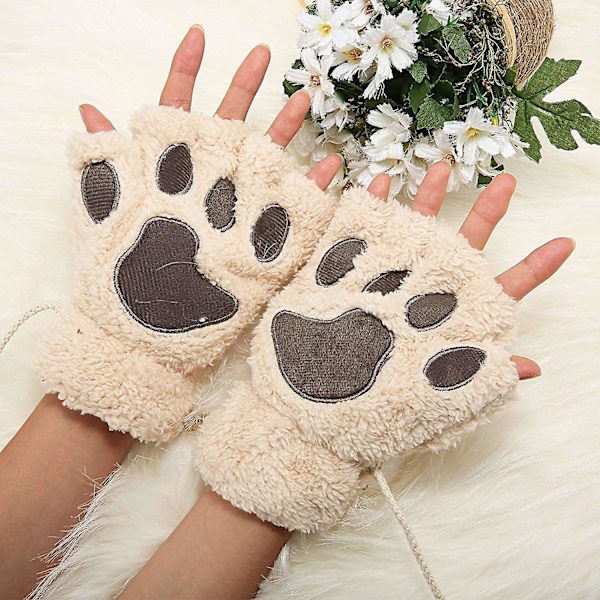 Kvinner Bjørn Plysj Cat Paw Claw Glove Myke vinterhansker Fingerløse hansker (beige)