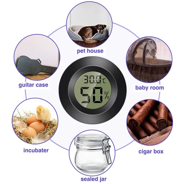 Reptil akrylboks elektronisk termo-hygrometer, rund (svart)