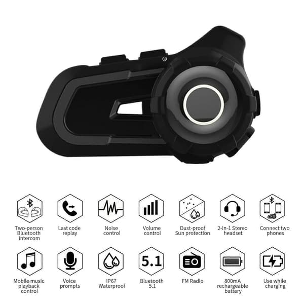 WUPP CS-1412A1 Bluetooth 5.1 S2 Motorcykelhjälm Full Duplex Bluetooth Intercom Headset Hörlurar (Blå) Black